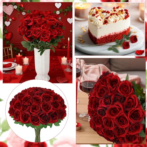 36 Pcs Burgundy Artificial Roses with Long Stems, Fake Silk Rose Artificial Flowers Bulk for Bridal Wedding Bouquet Centerpiece Ball Arrangement Party Decor - color: Burgundy