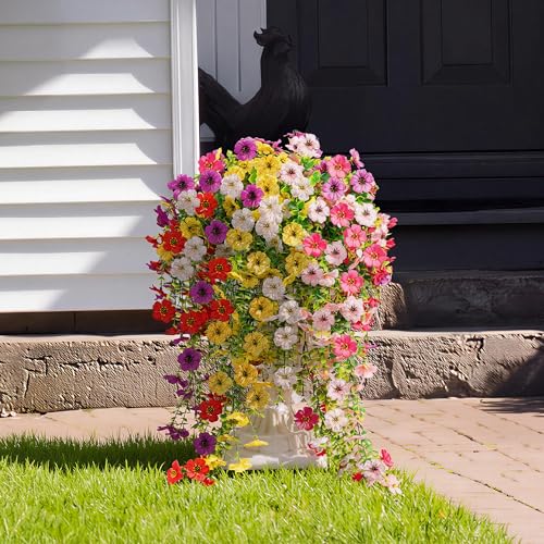 AGIRL 6 Bundles Artificial Hanging Flowers for Outdoor Spring Summer Decor,UV Resistant Faux Silk Flowers,Fake Plants with Realistic Look for Outside Indoor Planter Garden,Patio,Balcony,Porch and Yard - color: Red+yellow+fuchsia+purple+pink+white