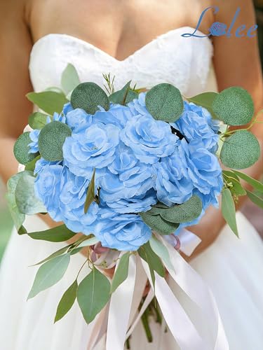LELEE Rose Head Flowers with Stem, 108pcs Light Blue Rose Artificial Flowers Bulk, Silk Rose Fake Flower for Wedding Bouquet Party Home Decor DIY Baby Shower Centerpieces Tables Decoration - color: Light Blue