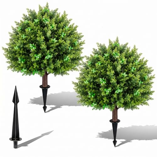 Artificial Pine and Cypress Fruit Topiary Trees with Spikes for Outdoor 24" Set of 2, UV Resistant Faux Greenery Shrubs, Realistic Fake Bushes Plant for Garden Yard Front Porch Patio Decor - color: Cypress