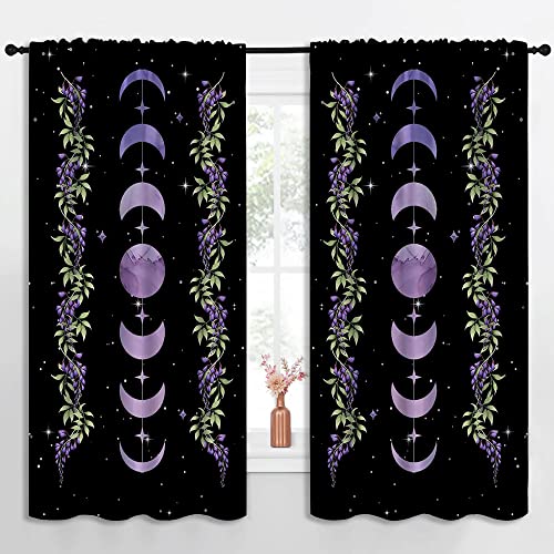 Purple Boho Floral Flower Rod Pocket Blackout Curtains for Teen Bedroom,Moon Phase Moonlit Garden Witchy Gothic Aesthetic Energy Efficient Home Window Drapes for Living Room Noise Reducing,55x63in - color: Purple Boho Floral Flower-007, size: 55"W x 63"L