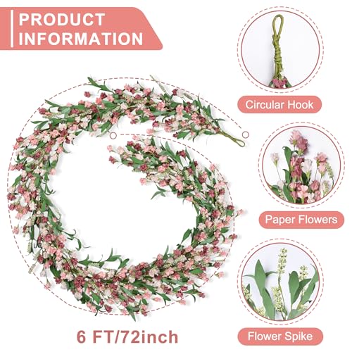 6ft Spring Summer Flower Garland, Artificial Floral Vine for Wall Backdrop Mantle Fireplace Stair Table Wedding Arch, All Season Home Door Porch Decor (Pink) - color: Pink