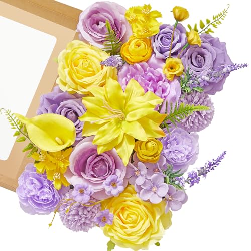 Serwalin Artificial Yellow & Purple Flowers, Silk Fake Roses Flowers, Faux Flowers for DIY Wedding Bouquets Cake Decoration Baby Shower Centerpieces Floral Arrangements Party Decor - color: Purple & Yellow, size: Grand