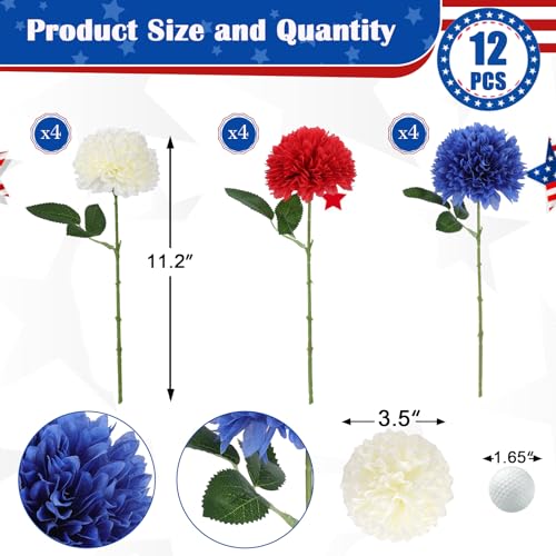 Hananona 12 Pcs Artificial Chrysanthemums Flowers Patriotic Flower, 4th of July Fake Mums Flowers Silk for Home Decor Indoor Memorial Day Table Centerpiece Vase not Included (12, Red, White, Blue) - color: Red, White, Blue