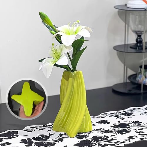 Twisted Dopamine Plastic Vase with Fake Artificial Lily Flowers，Modern Vibrant Decorative Vase for Home Living Room Coffee Dining Table Bookshelf Shelf Console Bedroom(Green) - color: Green