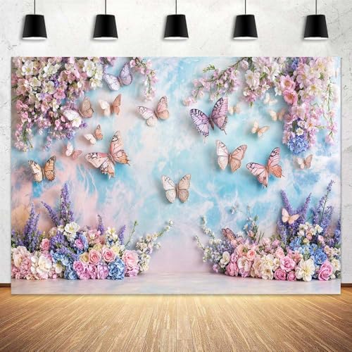 Purple Butterfly Floral Backdrop Elegant Flowers Photography Background for Girls Princess Butterfly Theme Birthday Baby Shower Events Party Decor Table Cake Photo Backdrops Photo Booth Prop - color: Purple, size: 5X3FT