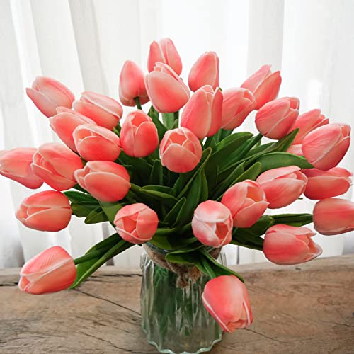30pcs Real Touch Tulips PU Artificial Flowers, Fake Tulips Flowers for Arrangement Wedding Party Easter Spring Home Dining Room Office Decoration (Peach) - color: Peach Pink