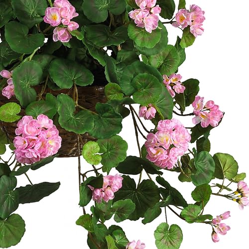 Nearly Natural 24in Artificial Geranium Hanging Basket Faux Floral Plant For Home Decor, Pink - color: Pink