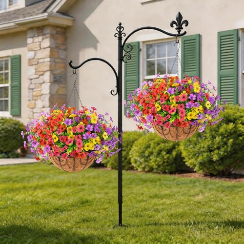 Homsunny Artificial Fake Hanging Flowers Plants Basket for Outdoor Spring Summer Decoration, Faux Silk Flower Outside UV Resistant Look Real Yard Patio Front Porch Garden Balcony Home Decor(Mix3) - color: Pink Red Yellow Purple