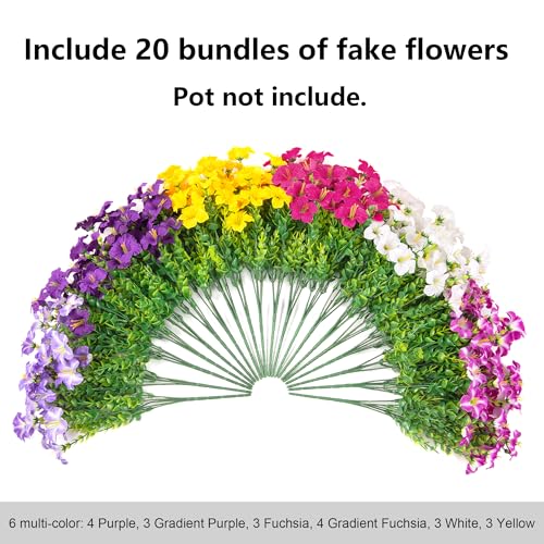 Artificial Flowers for Outdoors Decoration, 20 Bundles Faux Morning Glory with Eucalyptus Look Real UV Resistant Fake Plants Silk Flowers for Outside Yard Gardens Porch Patio Planter Home Urn, Mix - color: 6 Color(4 Purple, 3 Gradient Purple, 3 Fuchsia, 4