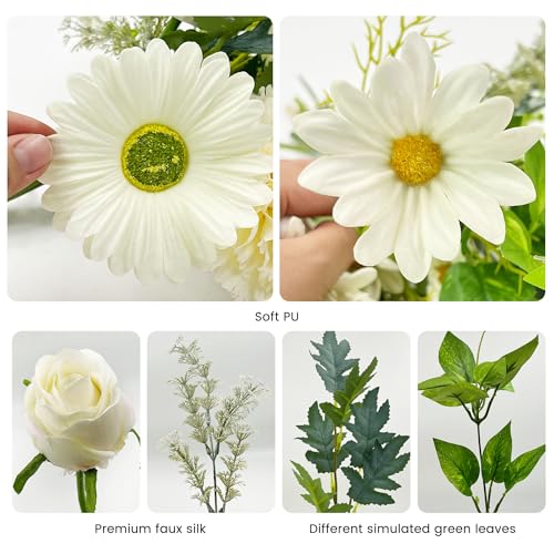 Daily Treasures Artificial Flowers with Vase, Large Mixed White Bouquet Realistic Fake Flowers, Glass Vase Included, Faux Floral Arrangement with Allium Rose Chrysanthemum Daisy for Home Decor