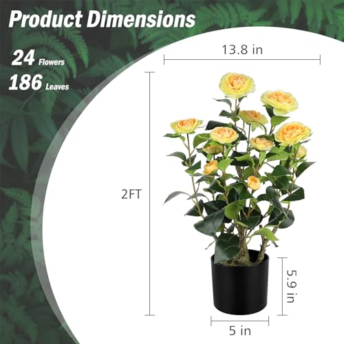 Romantic Season 2FT Yellow Artificial Camellia Tree 2Pack, Faux Camellia Plant Fake Potted Camellia Flower Tree for Modern Home Office Living Room Floor Décor - color: Yellow, size: 2FT