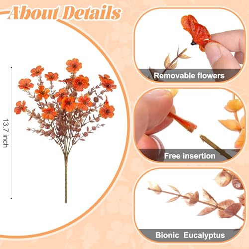 Ammyoo Fall Mums Artificial Flowers for Outdoors Potted, 12 Bundles Fake Fall Daisy Flower with Realistic Eucalyptus Leaves, Fake Plants for Greenery Boxwood Porch Patio Garden Pot Courtyard Lawn - color: Brown Orange-qs