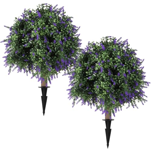 2 Pcs Artificial Lavender Topiary Ball Trees with Flowers, 17.72 in Outdoor Sun Protection Faux Shrubs with Ground Spike, Evergreen Trees for Home, Garden, Patio, Wedding Decor