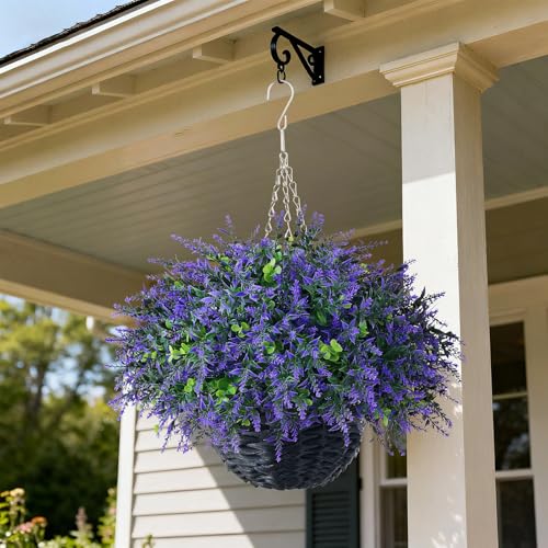 GLIDLION Artificial Eucalyptus & Lavender Hanging Basket (2 Pieces) - Realistic Fake Hanging Plants Set, Outdoor Faux Eucalyptus Leaves for Farmhouse Eaves Porch Decor | Spring,Summer,All Season