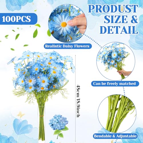 Giegxin 100 Pcs Artificial Daisy Flowers Bulk Realistic Fake Daisies Faux Wildflower Daisy UV Resistant Silk Fake Flowers Plants for Outside Wedding Garden Home Table Decor (Blue) - color: Blue