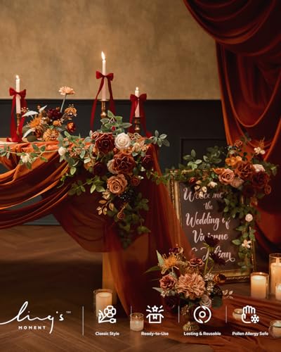 Ling's Moment 2pcs Wedding Flowers Garland Artificial Floral Swag Arch Decorations Rose Greenery Arrangements Sunset Terracotta Ceremony Reception Garden Easel Wall Entryway Outdoor (NOT Include Sign) - color: Sunset Terracotta