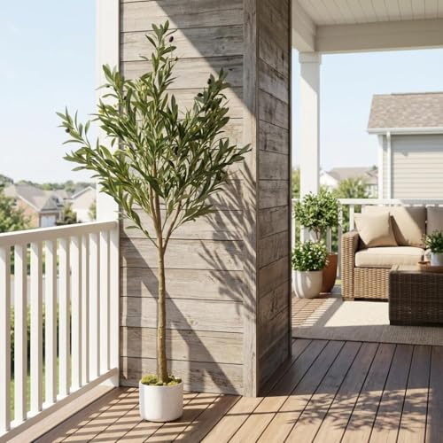 OUTLANE 4.4 FT Artificial Olive Tree with 22 Realistic Fruits, Faux Potted Plant for Indoor and Outdoor, Tall Fake Tree for Living Room, Office, Porch, Patio & Modern Farmhouse Decor - size: 6in