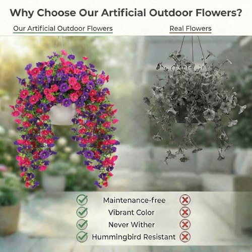 4 Bundles Artificial Silk Flowers for Outdoor Decor, UV Resistant Realistic Faux Morni ng Glory Flowers for Hanging Planters, Window Box, Porch, Patio, Yard, Garden Decor(Purple Pink) - color: Purple Pink
