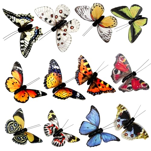 Cartanfill- Artificial Feather Simulation Butterfly Party Decoration Set, a Set of 12 Pieces with Wire, Used for Home Decoration in 12 Colors(C) - color: A