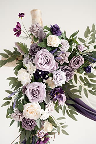 Ling's moment Purple Lilac Artificial Wedding Arch Flowers Kit Pack of 4, 2pcs Hanging Flower Arrangement 2pcs Chiffon Drapes Ceremony Reception Fake Rose Arbor Backdrop Floral Party Outdoor Decor - color: Prpl-lilac & Gold