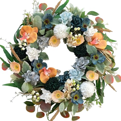 22 Inch Spring/Summer Floral Wreaths for Front Door,Artificial Valentines Day Wreath with Roses Dahlias Gardenias phalaenopsis for Home Wall Window Wedding Party Festival Decor - color: Wreath