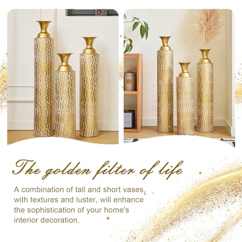 Tall Floor Vases Set of 3 for Decor Living Room Floor, Gold Vases Home Decor, Embossed Body Pattern, 33.85" H/29.13" H/24.8" H Geometric Cylinder (Gold 4) - color: Gold 4