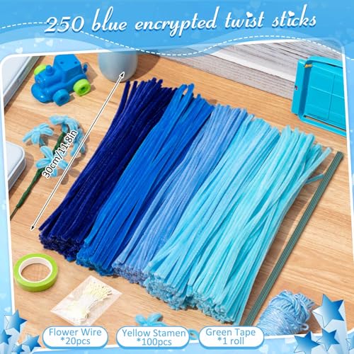 Peryiter 371 Pcs Pipe Cleaners Flowers Kit, Pipe Cleaners Chenille Stems Bulk with Floral Wire Gardening Tape Stamen, Fluffy Limpiapipas para Flores for DIY Mother's Day Decor(Blue) - color: Blue
