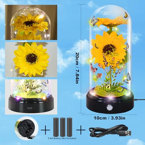 TECHSHARE Artificial Sunflower Gifts for Women, Yellow Artificial Sunflowers with LED Light in Glass Dome, Cute Sunflower for Christmas, Birthday, Mother's Day, Valentine's Day