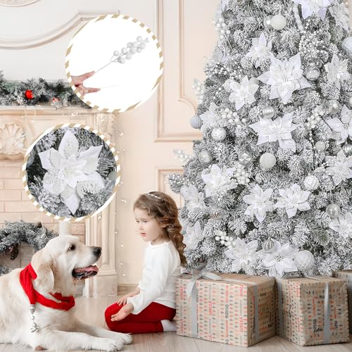 Alupssuc 24 Pieces Christmas Tree Decorations, 12 PCS White Poinsettia Flowers Artificial and 12 PCS Glitter Christmas Tree Picks for Christmas Decorations Party Wreath Fireplace Stairs, White - color: White