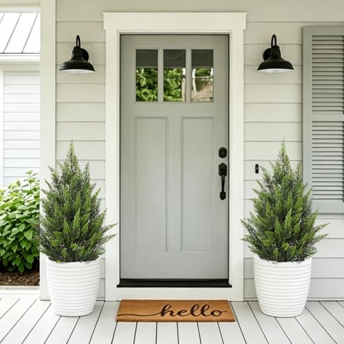 Briful 17.7'' Artificial Cedar Topiary Tree in Black Pot – Set of 2 Lifelike Evergreen Faux Plant for Outdoor Indoor Home, UV Resistant, Potted Fake Cypress Shrub for Farmhouse Living Room Décor