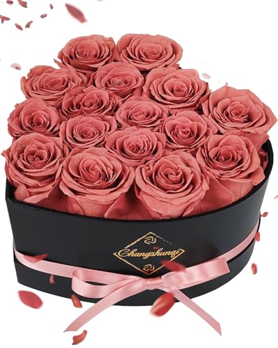 Changshunqi 16 Flowers Forever Preserved Roses in Heart Box, Preserved Flowers Womens Birthday Gifts for Women Mothers Rose Gift for Her Romantic Eternal Real Rose for Women Mom Wife - color: Caramel