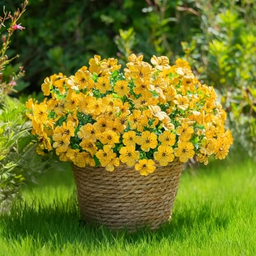 Yellow Fall Artificial Flowers for Outdoors Decorations, 12 Bundles Faux Fall Mums Flowers, UV Resistant Realistic Silk Daisy with Eucalyptus for Home Decor Garden Planters Patio Yard Balcony - color: Yellow&12 Bundles