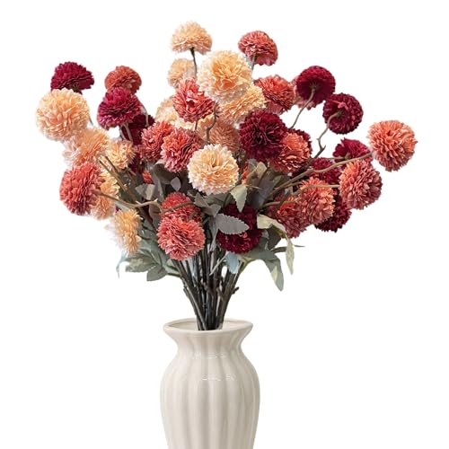 12pcs Artificial Flowers Faux Silk Pompon Mum, Fake Kiku Flowers with 21" Long Stems & 5 Heads Each Stem, Mini Small Chrysanthemum with Stems for DIY Wedding Bouquets Centerpieces Home Decor - color: Burgundy, Burnt Orange, Champagne, size: 12 PCS