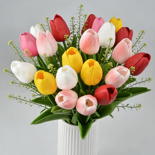 Artificial Tulips Real Touch PU Flowers Bridal Wedding Festival Decor Bouquet Pack of 20 (Mixed 1) - color: Mixed 1