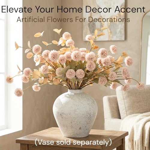 Artificial Flowers for Vase - Beige Silk Mums 10 Long Stems with Eucalyptus, Faux Flowers Home Decor, Neutral Tan Cream Floral Arrangement, Fake Chrysanthemum Pom Pom Stems, Summer Fall Centerpiece - color: Beige