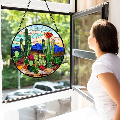 DASTOLL Stained Glass Window Hanging, Green Cactus Suncatcher for Doors Window Home Plant Landscape Sun Catchers Decoration Mother's Day Birthday Gifts for Women, Men, and Mom 6.3 in - color: Green Brown, size: 6.3x6.3 IN