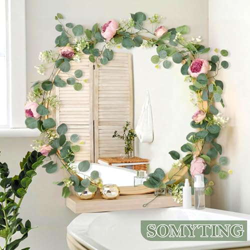 2 Pack 13FT Flower Garland, Artificial Rose Vine Fake Flower Garland Silk Rose Peony Vines Faux Valentine Floral Garlands for Wedding Party Arch Table Backdrop Wall Decoration (Vintage Pink) - color: Vintage Pink, size: 2PCS