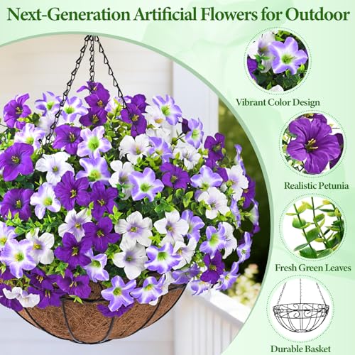 Realistic Artificial Hanging Flowers for Outdoors with Basket, 1 Set Large Size UV Resistant Artificial Outdoor Flowers, Full Faux Outdoor Flowers Fake Hanging Flowers for Porch, Front Door, Garden - color: Three Colored Purple, size: 1 Set