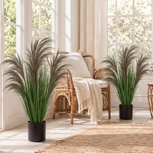 Jexine 2 Pcs Pampas Grass Potted Plants 3 ft Tall Artificial Grass Potted Artificial Greenery Floor Plants Tall in Pot for Housewarming Gift House Garden Bathroom Lobby Outdoor Decoration (Greeny) - color: Greeny, size: 3 ft