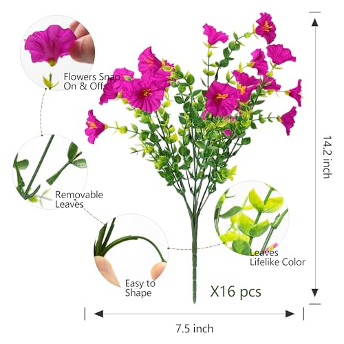 Artificial Flowers for Outdoors Spring Summer Decoration, 16 Bundles Fake Silk Realistic Morning Glory UV Resistant Faux Plastic Plants for Planter Front Door Porch Patio Yard (Fuchsia) - color: Fuchsia