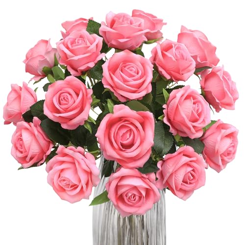 Hawesome 12PCS Artificial Flowers Fake Roses, Realistic Velvet Long Stem Red Roses Bouquet for Wedding Centerpiece Home Decor Party & Valentines (Pink) - color: Pink2