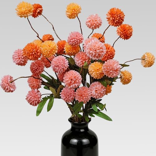 Kinisty 8 Pcs Artificial Flowers Pink Orange Yellow Faux Silk Pompon Mums, 20" Long Stem Fake Chrysanthemum Bouquet for Vase Farmhouse Home Decor, Wedding Centerpiece - color: Pink and Orange