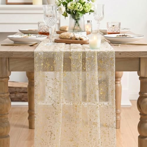 Artoid Mode Gold Gauze Champagne Table Runner 120 Inch 10FT, Glitter Metallic Foil Sheer Dining Wedding Anniversary Holiday Birthday Table Decor for Home Party - color: Champagne, size: 28" x 120"