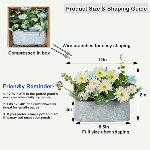 Floral Centerpieces for Tables, 12 Inch Small Artificial Flowers in Metal Pot with White Daisy Arrangement, Farmhouse Fake Potted Faux Plant for Spring Summer All Season Indoor Outdoor Decor