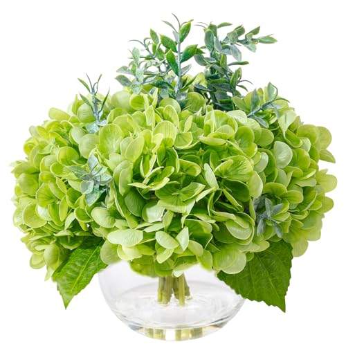 Green Hydrangea Artificial Flowers with Eucalyptus in Vase Fake Flowers Coffee Table Decor Real Touch Flowers with Faux Water for Home Decor - color: A-green