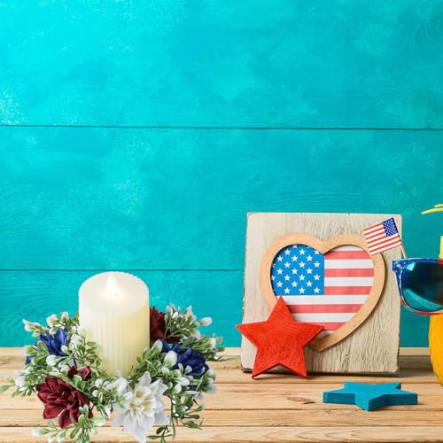 4th of July Candle Rings Artificial Flower Wreath Red Blue White Patriotic Candle Holder 9.84" Tables Centerpieces Home Farmhouse Decor for Independence Day Memorial Day - color: 4th of July