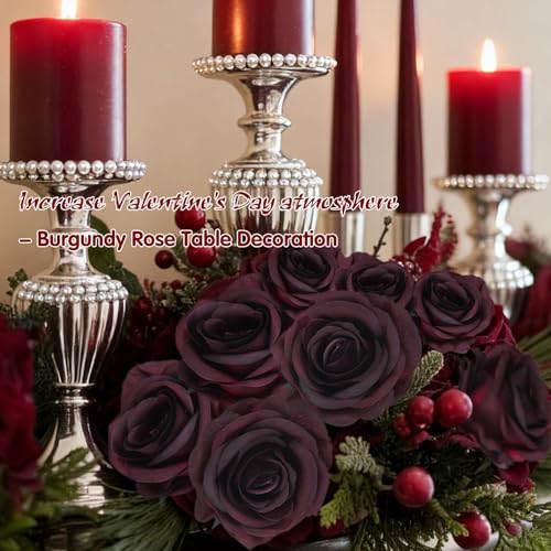 Felice Arts 12 Pack Burgundy Roses Artificial Flowers with Black Stems Fake Flowers Bouquet for Valentines Wedding Table Vase Home Indoor Kitchen Party DIY Vampire Decor - color: Burgundy