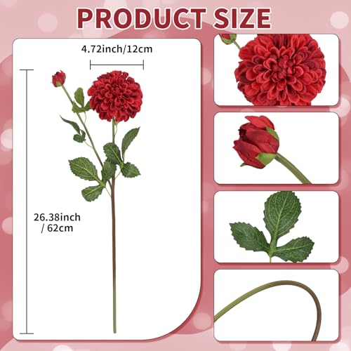 IPOPU 4pcs Artificial Dahlia Flowers Realistic Silk Dahlia Flowers 29" Long Stem Faux Flowers with Buds for Tall Vase DIY Bouquet Home Wedding Decor (Red) - color: Red