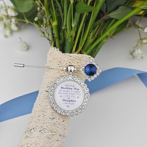 Something Blue Gift for Bride Bouquet Charms for Wedding Memory, Bridal Shower Gifts from Mom,Rhinestone Artificial Sapphire Wedding Gifts Bouquet Dress Pin with Touching Saying - style: My Daughter (WhiteK)